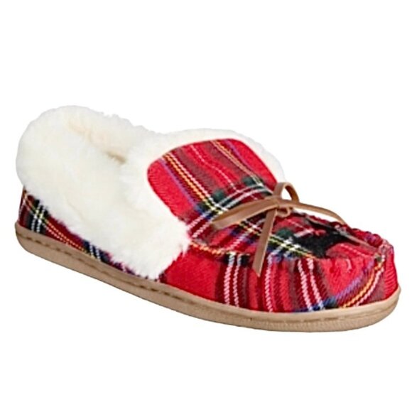 DORENDA Women's Moccasin Flat Loafers Slippers Red Plaid Dog Size 5 M - Picture 1 of 5